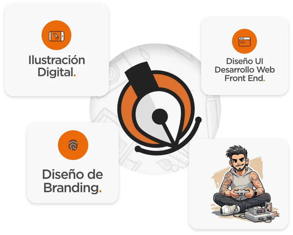 Diseño mostrando lo que ofrezco y una ilustración caricatura